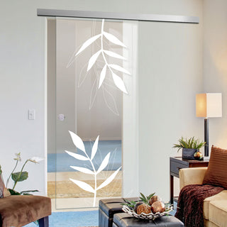 Image: Single Glass Sliding Door - Leaf Print 8mm Clear Glass - Obscure Printed Design with Elegant Track