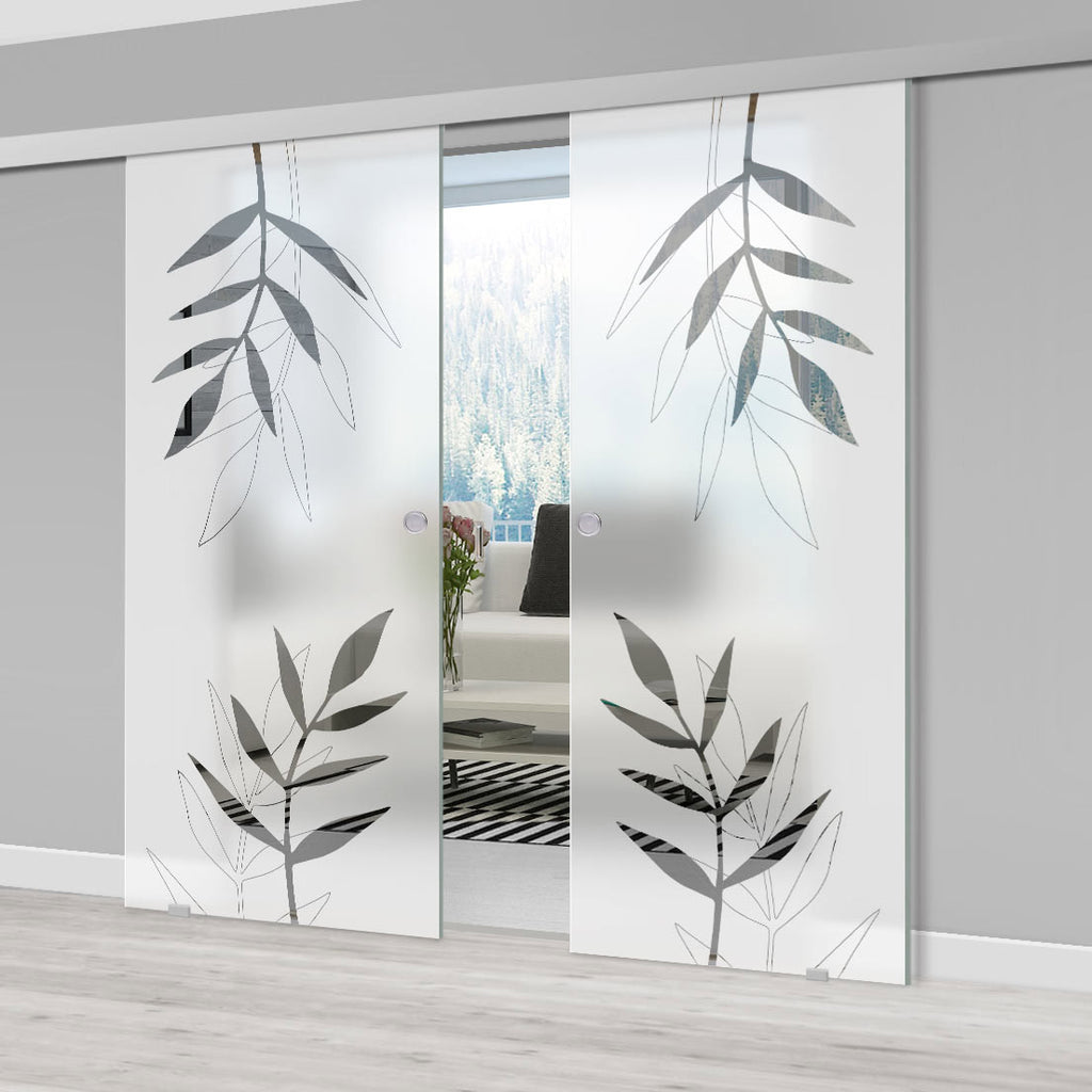 Double Glass Sliding Door - Leaf Print 8mm Obscure Glass - Clear Printed Design with Elegant Track