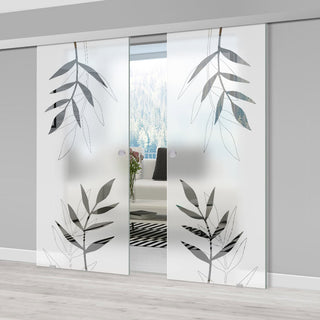 Image: Double Glass Sliding Door - Leaf Print 8mm Obscure Glass - Clear Printed Design with Elegant Track