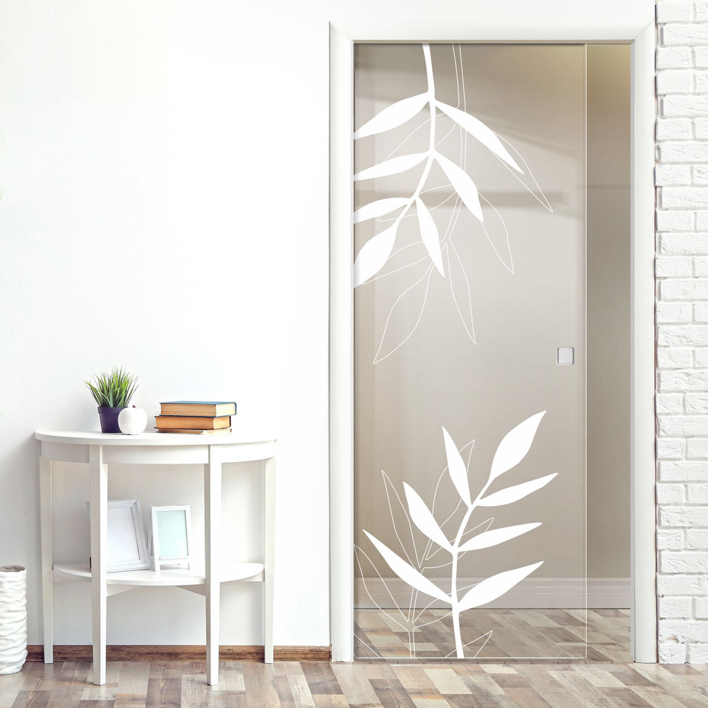 Leaf Print 8mm Clear Glass - Obscure Printed Design - Single Evokit Glass Pocket Door