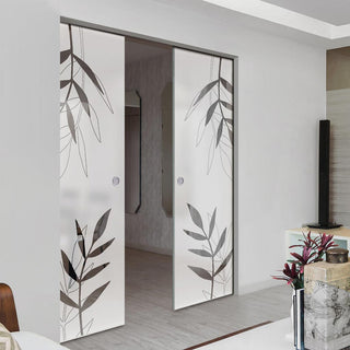 Image: Leaf Print 8mm Obscure Glass - Clear Printed Design - Double Absolute Pocket Door
