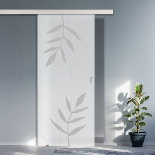 Image: Single Glass Sliding Door - Leaf Print 8mm Obscure Glass - Obscure Printed Design with Elegant Track