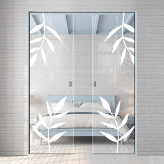 Image: Leaf Print 8mm Clear Glass - Obscure Printed Design - Double Absolute Pocket Door