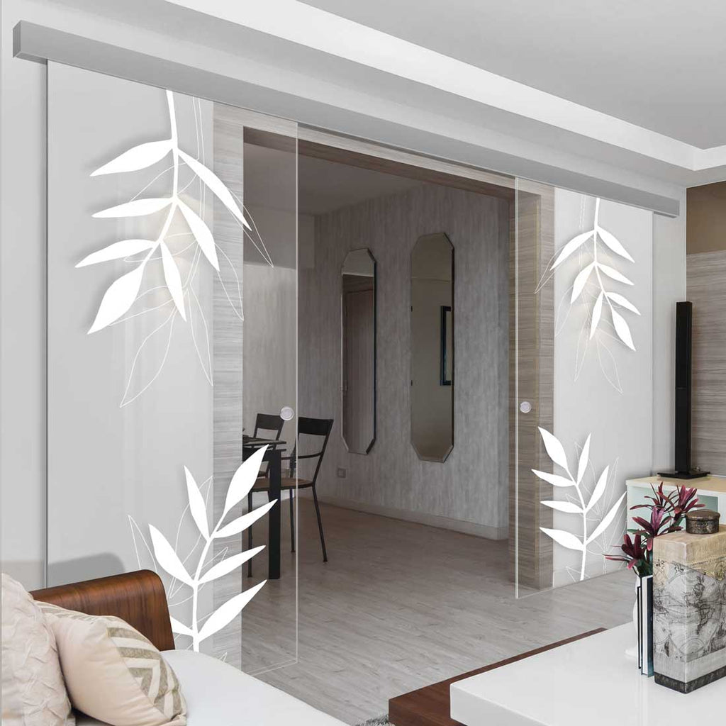 Double Glass Sliding Door - Leaf Print 8mm Clear Glass - Obscure Printed Design with Elegant Track