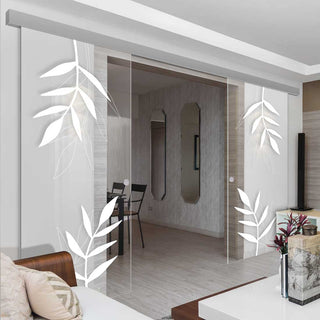 Image: Double Glass Sliding Door - Leaf Print 8mm Clear Glass - Obscure Printed Design with Elegant Track