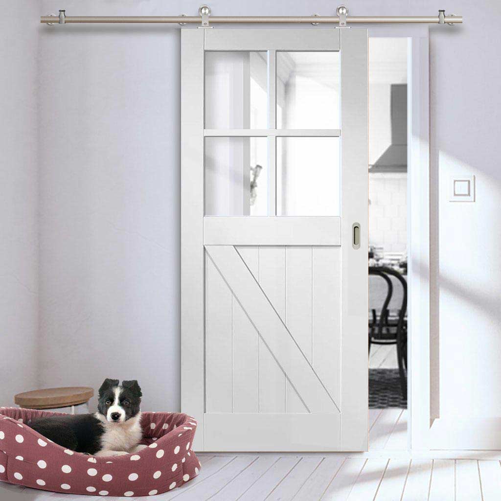 Sirius Tubular Stainless Steel Sliding Track & Frame Ledged and Braced Cottage  Door - Clear Glass - White Primed