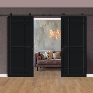 Image: Top Mounted Black Sliding Track & Solid Wood Double Doors - Eco-Urban® Leith 9 Panel Doors DD6316 - Shadow Black Premium Primed