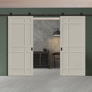 Image: Top Mounted Black Sliding Track & Solid Wood Double Doors - Eco-Urban® Leith 9 Panel Doors DD6316 - Mist Grey Premium Primed