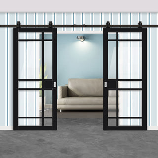 Image: Top Mounted Black Sliding Track & Solid Wood Double Doors - Eco-Urban® Leith 9 Pane Doors DD6316G - Clear Glass - Shadow Black Premium Primed