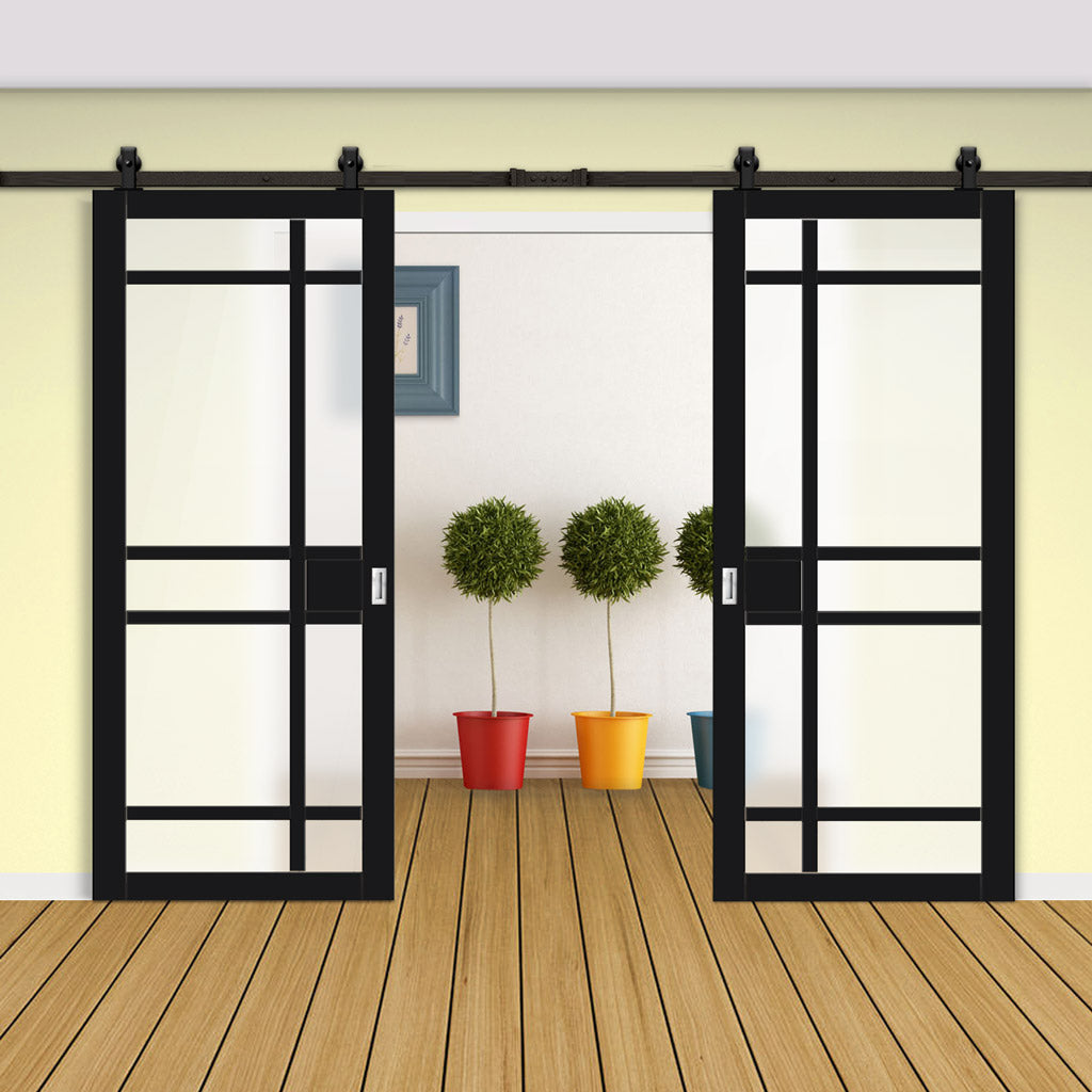 Top Mounted Black Sliding Track & Solid Wood Double Doors - Eco-Urban® Leith 9 Pane Doors DD6316SG - Frosted Glass - Shadow Black Premium Primed