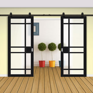 Image: Top Mounted Black Sliding Track & Solid Wood Double Doors - Eco-Urban® Leith 9 Pane Doors DD6316SG - Frosted Glass - Shadow Black Premium Primed