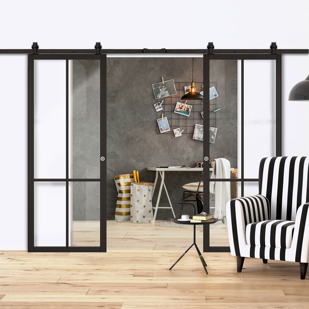 Top Mounted Black Sliding Track & Double Door - Liberty 4 Pane Black Painted Doors - Clear Glass