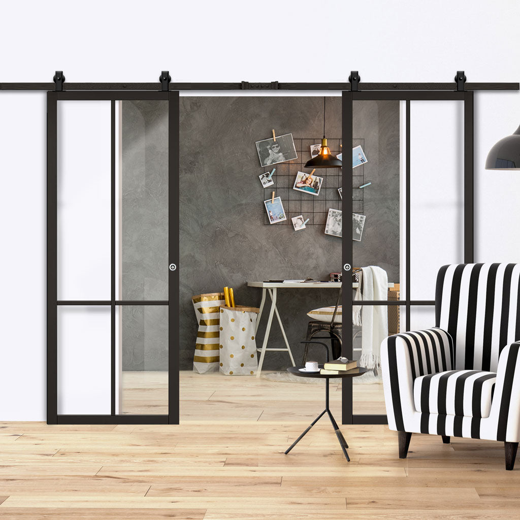 Top Mounted Black Sliding Track & Double Door - Liberty 4 Pane Black Primed Doors - Clear Glass