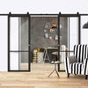 Top Mounted Black Sliding Track & Double Door - Liberty 4 Pane Black Painted Doors - Clear Glass