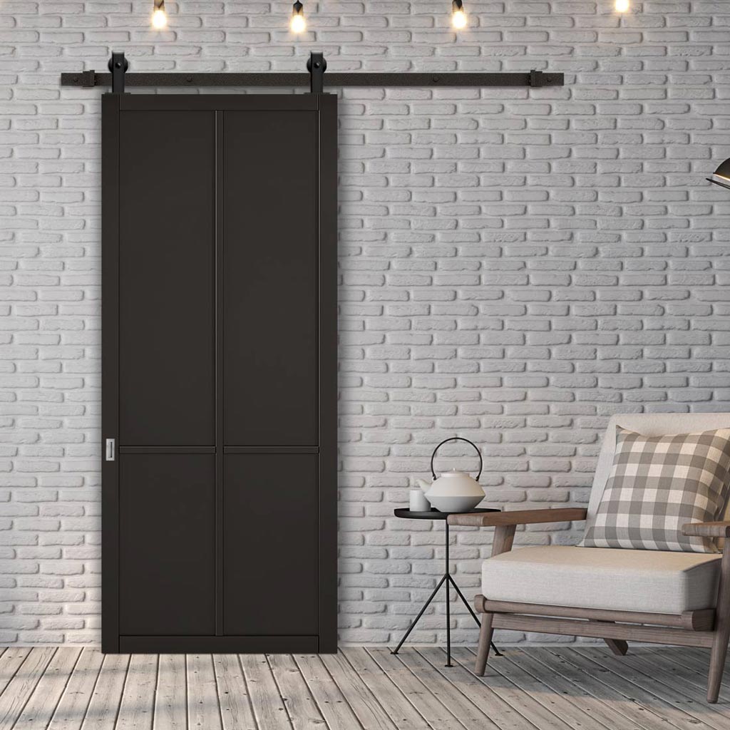 Top Mounted Black Sliding Track & Door - Liberty 4 Panel Black Painted Door - Prefinished