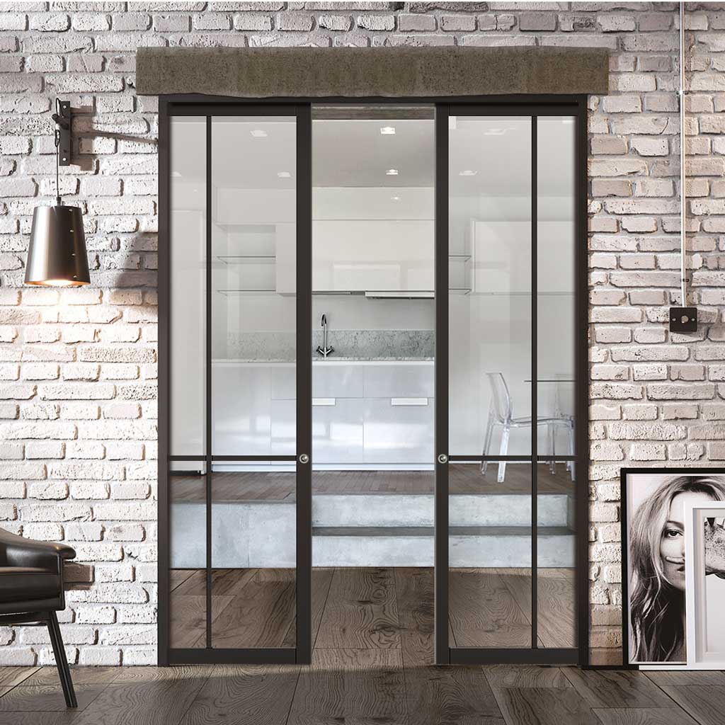 Liberty 4 Pane Black Primed Double Evokit Pocket Door - Clear Glass