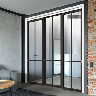 Image: Three Sliding Doors and Frame Kit - Liberty 4 Pane Door - Clear Glass - Black Primed