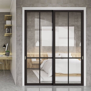 Image: Two Sliding Doors and Frame Kit - Liberty 4 Pane Door - Clear Glass - Black Primed
