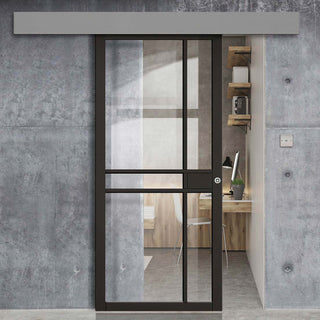 Image: Single Sliding Door & Wall Track - Greenwich Door - Clear Glass - Black Primed