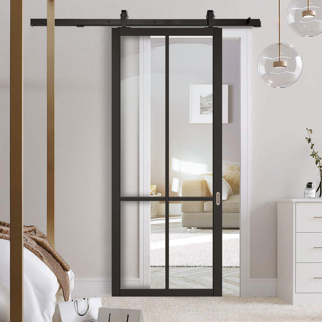 Top Mounted Black Sliding Track & Door - Liberty 4 Pane Black Painted Door - Clear Glass