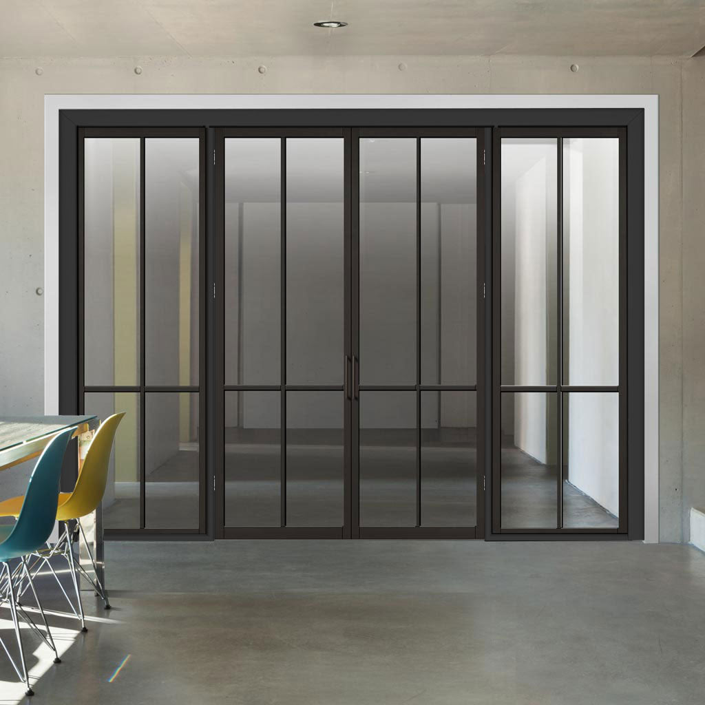 ThruEasi Room Divider - Liberty 4 Pane Black Primed Clear Glass Unfinished Double Doors with Double Sides