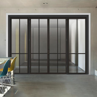 Image: ThruEasi Room Divider - Liberty 4 Pane Black Primed Clear Glass Unfinished Double Doors with Double Sides