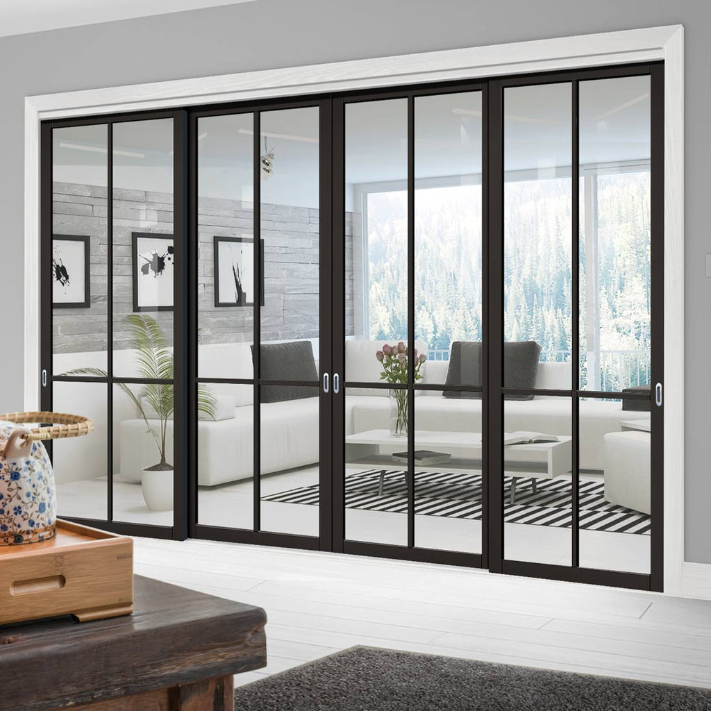 Four Sliding Doors and Frame Kit - Liberty 4 Pane Door - Clear Glass - Black Primed