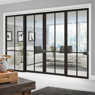 Image: Four Sliding Doors and Frame Kit - Liberty 4 Pane Door - Clear Glass - Black Primed