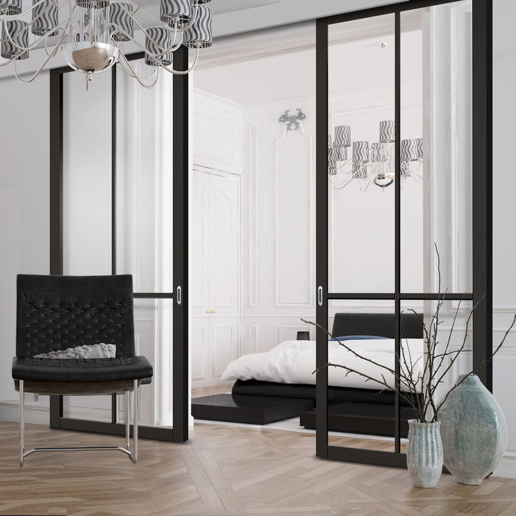 Double Sliding Door & Wall Track - Liberty 4 Pane Door - Clear Glass - Black Primed