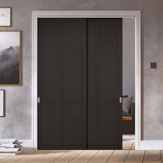Image: Two Sliding Doors and Frame Kit - Liberty 4 Panel Door - Black Primed