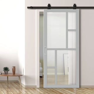 Image: Top Mounted Black Sliding Track & Solid Wood Door - Eco-Urban® Cairo 6 Pane Solid Wood Door DD6419G Clear Glass - Mist Grey Premium Primed