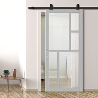 Image: Top Mounted Black Sliding Track & Solid Wood Door - Eco-Urban® Cairo 6 Pane Solid Wood Door DD6419SG Frosted Glass - Mist Grey Premium Primed