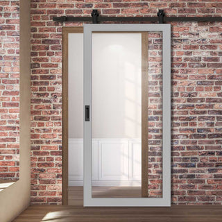 Image: Top Mounted Black Sliding Track & Solid Wood Door - Eco-Urban® Baltimore 1 Pane Solid Wood Door DD6301G - Clear Glass - Mist Grey Premium Primed