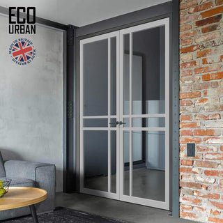 Image: Glasgow 6 Pane Solid Wood Internal Door Pair UK Made DD6314G - Clear Glass - Eco-Urban® Mist Grey Premium Primed