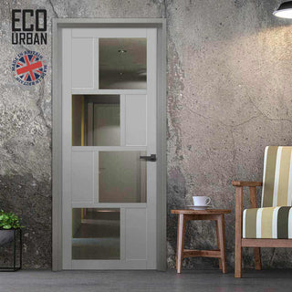 Image: Handmade Eco-Urban Cusco 4 Pane 4 Panel Solid Wood Internal Door UK Made DD6416G Clear Glass - Eco-Urban® Mist Grey Premium Primed