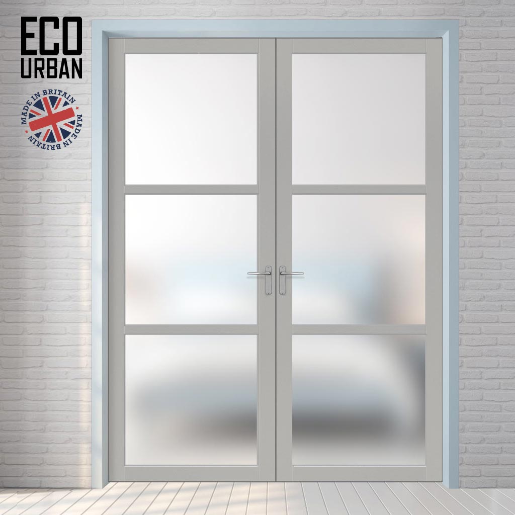 Eco-Urban Manchester 3 Pane Solid Wood Internal Door Pair UK Made DD6306SG - Frosted Glass - Eco-Urban® Mist Grey Premium Primed