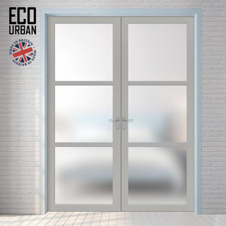 Image: Eco-Urban Manchester 3 Pane Solid Wood Internal Door Pair UK Made DD6306SG - Frosted Glass - Eco-Urban® Mist Grey Premium Primed