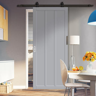 Image: Top Mounted Black Sliding Track & Solid Wood Door - Eco-Urban® Cornwall 3 Panel Solid Wood Door DD6404 - Mist Grey Premium Primed