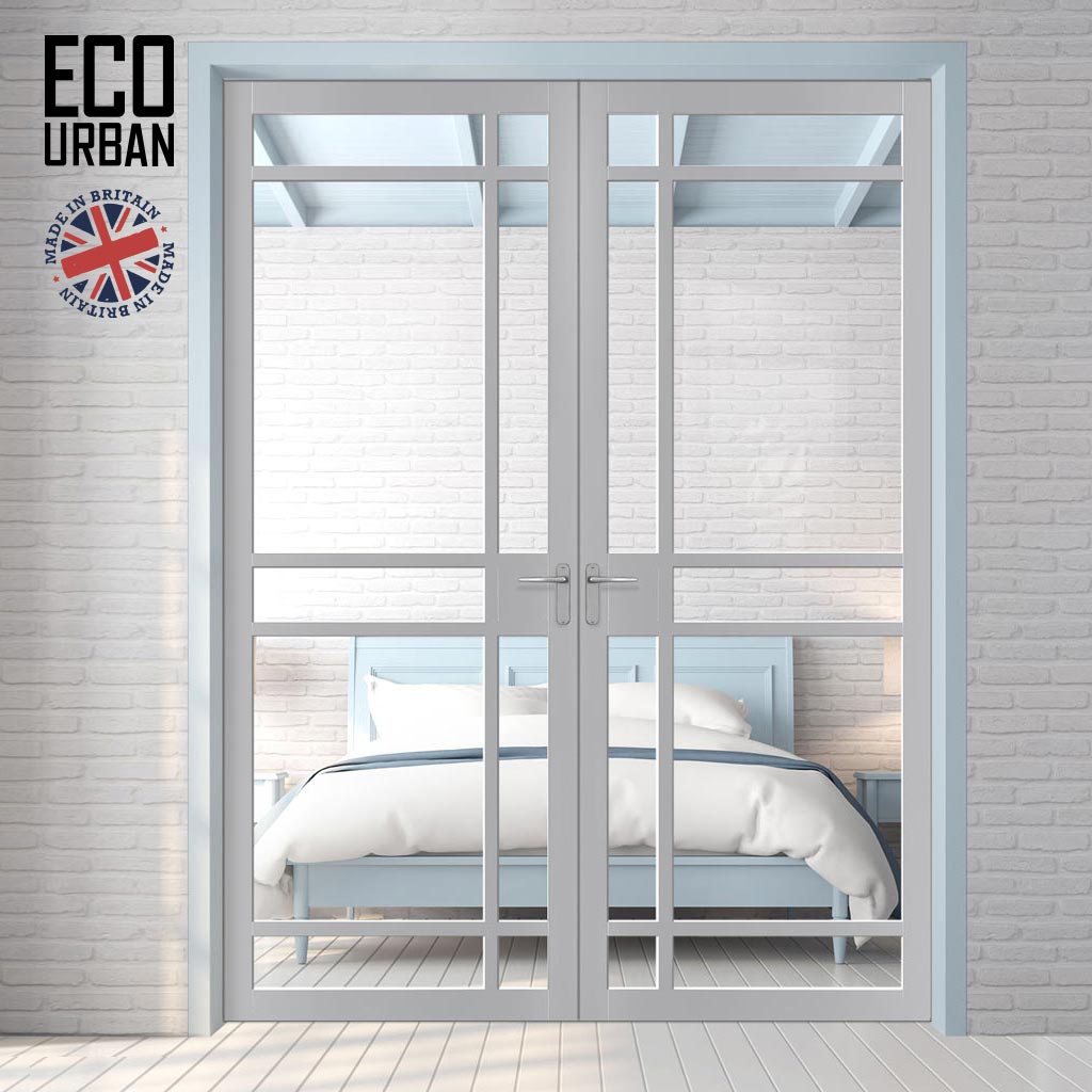 Leith 9 Pane Solid Wood Internal Door Pair UK Made DD6316G - Clear Glass - Eco-Urban® Mist Grey Premium Primed