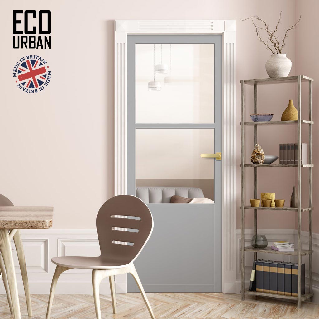 Berkley 2 Pane 1 Panel Solid Wood Internal Door UK Made DD6309G - Clear Glass - Eco-Urban® Mist Grey Premium Primed