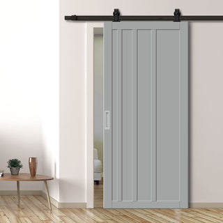 Image: Top Mounted Black Sliding Track & Solid Wood Door - Eco-Urban® Malmo 4 Panel Solid Wood Door DD6401 - Mist Grey Premium Primed