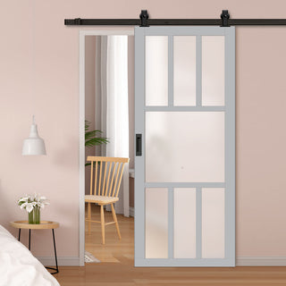 Image: Top Mounted Black Sliding Track & Solid Wood Door - Eco-Urban® Queensland 7 Pane Solid Wood Door DD6424SG Frosted Glass - Mist Grey Premium Primed