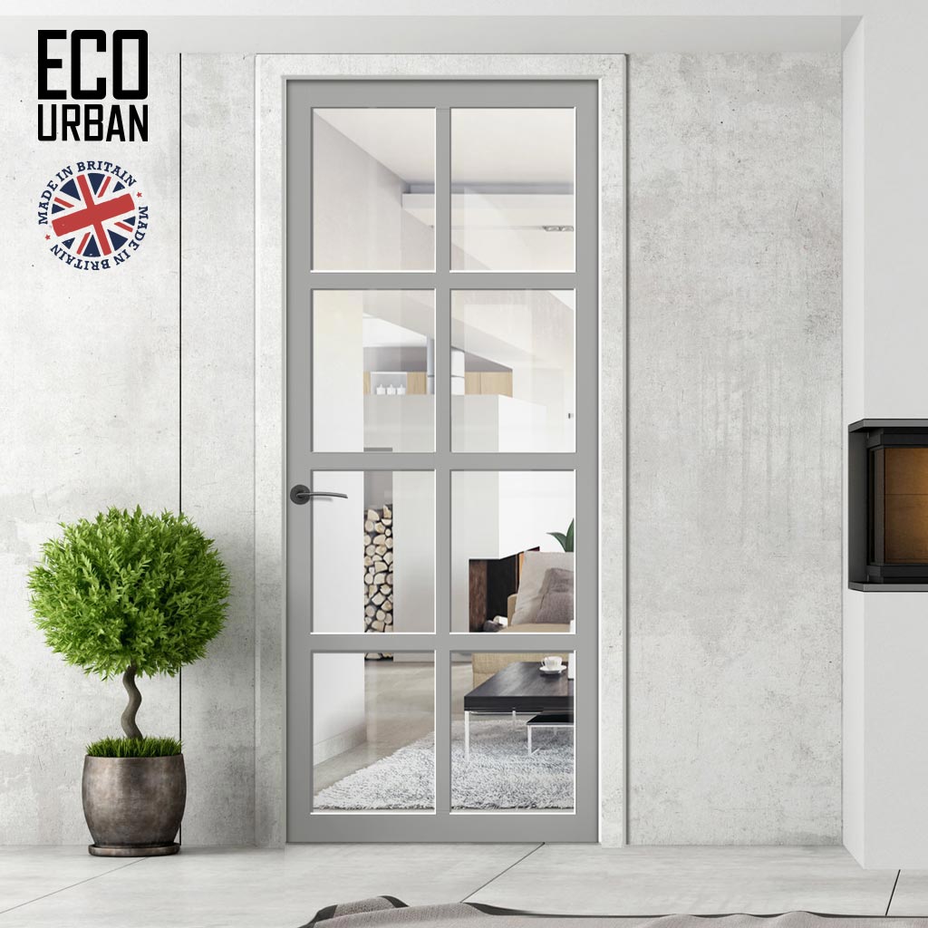 Perth 8 Pane Solid Wood Internal Door UK Made DD6318G - Clear Glass - Eco-Urban® Mist Grey Premium Primed