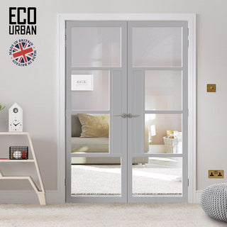 Image: Boston 4 Pane Solid Wood Internal Door Pair UK Made DD6311G - Clear Glass - Eco-Urban® Mist Grey Premium Primed