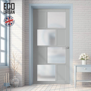 Image: Handmade Eco-Urban Cusco 4 Pane 4 Panel Solid Wood Internal Door UK Made DD6416SG Frosted Glass - Eco-Urban® Mist Grey Premium Primed