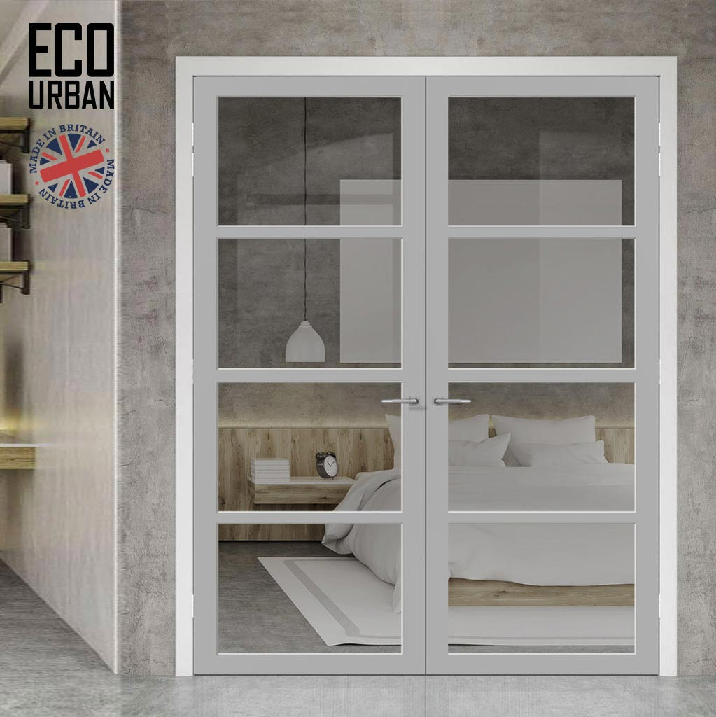 Brooklyn 4 Pane Solid Wood Internal Door Pair UK Made DD6308G - Clear Glass - Eco-Urban® Mist Grey Premium Primed
