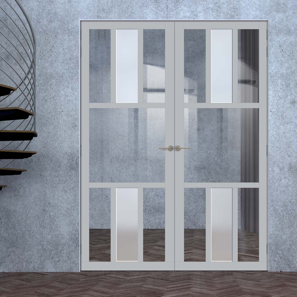 Eco-Urban Tasmania 7 Pane Solid Wood Internal Door Pair UK Made DD6425G Clear Glass(1 FROSTED PANE)  - Eco-Urban® Mist Grey Premium Primed