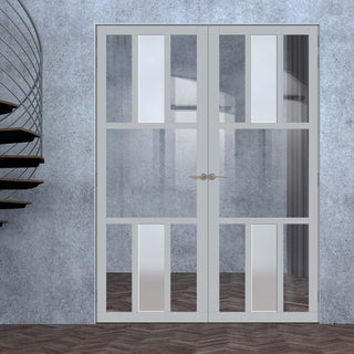 Image: Eco-Urban Tasmania 7 Pane Solid Wood Internal Door Pair UK Made DD6425G Clear Glass(1 FROSTED PANE)  - Eco-Urban® Mist Grey Premium Primed