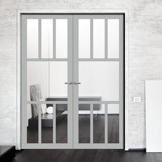 Image: Eco-Urban Queensland 7 Pane Solid Wood Internal Door Pair UK Made DD6424G Clear Glass  - Eco-Urban® Mist Grey Premium Primed