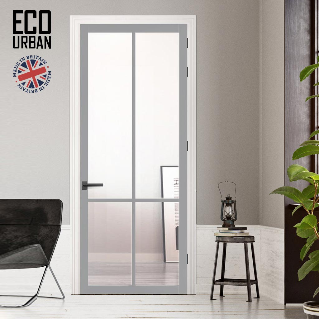 Bronx 4 Pane Solid Wood Internal Door UK Made DD6315G - Clear Glass - Eco-Urban® Mist Grey Premium Primed